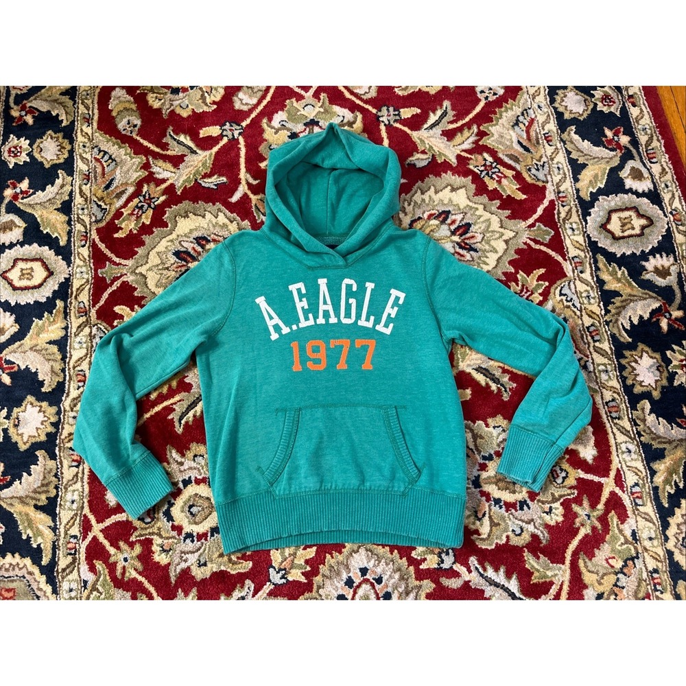 Vintage Y2K American Eagle Outfitters 1977 Hoodie Men's L Green Spellout Cotton